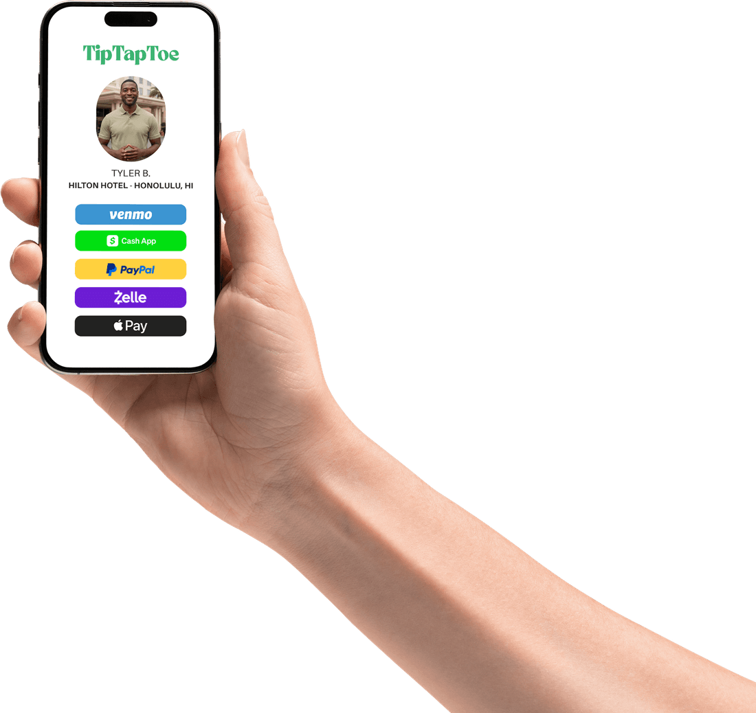 A guest's phone showing a TipTapToe tip page, ready to tip